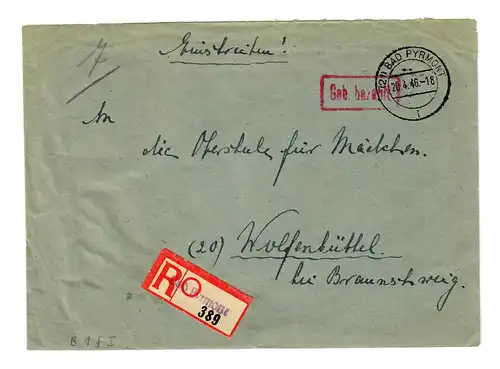 Einschreiben Bad Pyrmont, Gebühr bezahlt, 20.4.1946 nach Wolfenbüttel