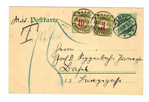Ganzsache aus Haspe 1909 in die Schweiz mit Nachgebühr/Taxe