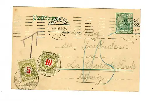 Tout ce qui est arrivé de Dortmund à La Chaux de Fonds avec une taxe 1910