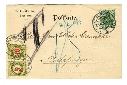 Carte postale de Chemnitz à Gerlafingen/CH avec Taxe 1908