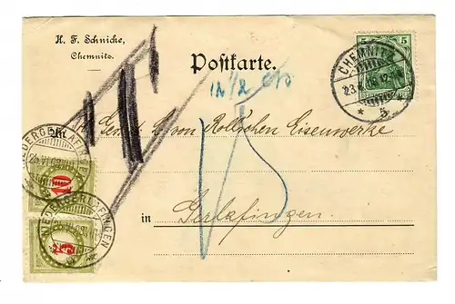 Postkarte aus Chemnitz nach Gerlafingen/CH mit Taxe  1908