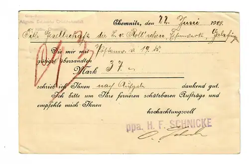 Carte postale de Chemnitz à Gerlafingen/CH avec Taxe 1908