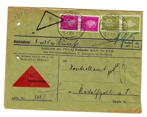 Nachnahme Stockach 1933 nach Radolfzell