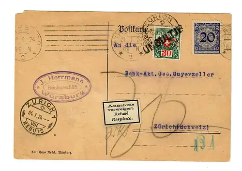 Postkarte Würzburg 1924 nach Zürich, Annahme verweigert, Taxe