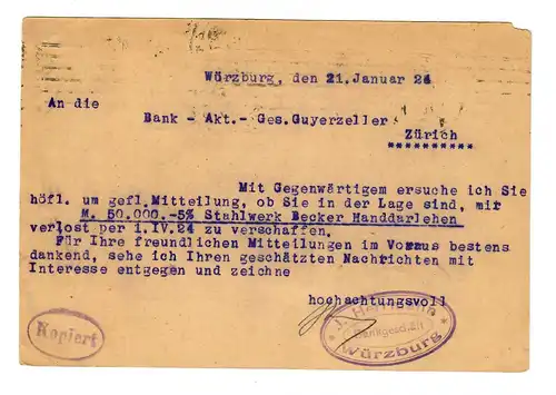 Carte postale Würzburg 1924 à Zurich, acceptation refusée, Taxe