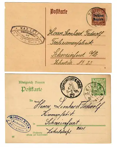 2x Ganzsache 1907 Zeil nach Schweinfurt