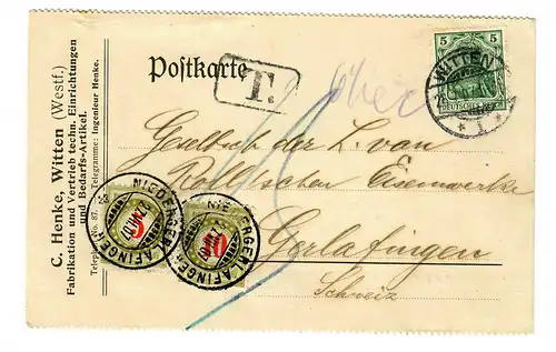 Carte postale 1907 Witten vers Gerlafingen, Taxe