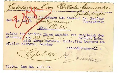 Postkarte 1907 Witten nach Gerlafingen, Taxe