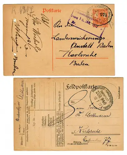 2x Feldpostkarte/Postkarte, Bahnpost Frankfurt/Karlsruhe/Basel 1917