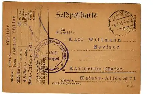 1915 Feldpostkarte Münster/Gent nach Karlsruhe