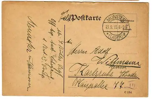 1915 Carte postale de Münster/Gand vers Karlsruhe