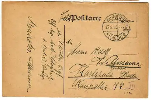 1915 Feldpostkarte Münster/Gent nach Karlsruhe