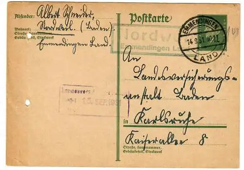 Ganzsache 1931 Emmendingen/Nordweil nach Karlsruhe