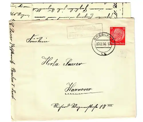 Brief aus Breslau Land mit Agenturstempel Paschterwitz 1936 nach Hannover
