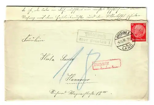 Lettre de Wroclaw avec le cachet de l'agence Paschterwitz 1936 à Hanovre, supplément