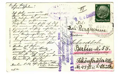 Carte de vue Schneidermühle 1941 vers Berlin, destinataire non déterminé