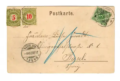 Gruß aus Pforzheim, Ansichtskarte 1899, Kaiserdenkmal nach Basel mit Taxe