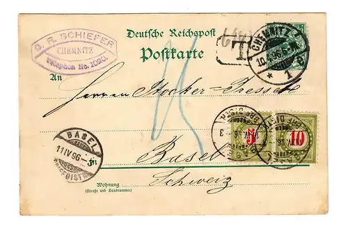 Ganzsache Chemnitz 1896 nach Basel, Taxe