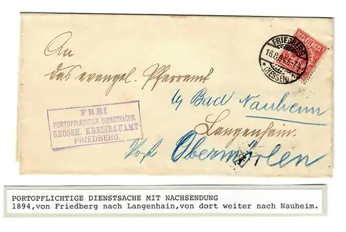 Affaire de service à la charge du port avec envoi de la suite 1894 Friedberg-Langenhain-Nauheim