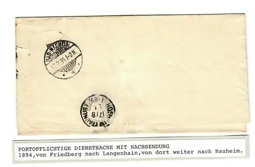 Portopflichtige Dienstsache mit Nachsendung 1894 Friedberg-Langenhain-Nauheim