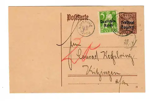 Ganzsache 1920 nach Kitzingen, Post Kontrolle