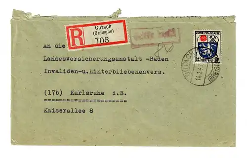 Einschreiben Gutach/Breisgau 1947 nach Karlsruhe, Gebühr bezahlt