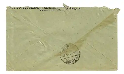Lettre recommandé Gutach/Breisgau 1947 à Karlsruhe, frais payés
