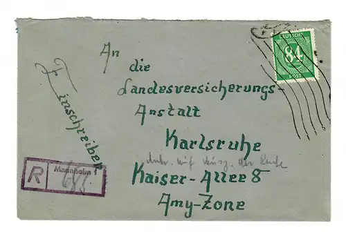 Einschreiben Mannheim 1947 mit Maschinenhalbstempel nach Karlsruhe