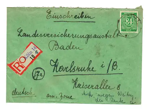 Einschreiben Köln 1947 nach Karlsruhe