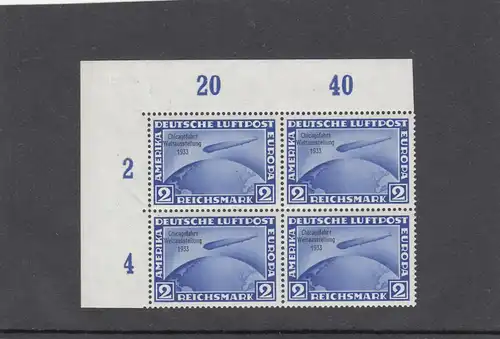 Reich allemand, Mi Nr. 496-498, Chicago 1933, post-freich, Eckrand Quaerblock