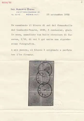 Vénétie-Lombardie 1850: cachet Casara, bloc de 6 mètres, numéro 1a, Sassone 1