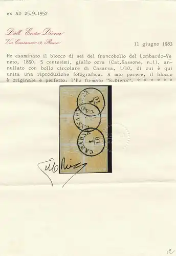 Vénétie-Lombardie 1850: cachet Casara, bloc de 6 mètres, numéro 1a, Sassone 1