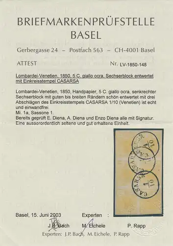 Vénétie-Lombardie 1850: cachet Casara, bloc de 6 mètres, numéro 1a, Sassone 1