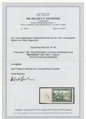 Reich allemand MiNr. IX, non utilisé de la marge avec croix de passe, BPP Attest