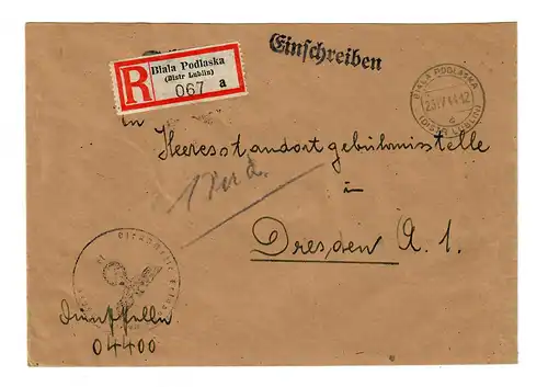 GG 1944 Feldpost: Einschreiben Biala Podlaska an Heeresstaatsgebührnisstelle