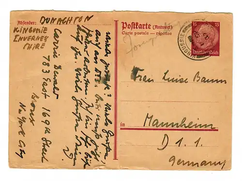 DR: Antwortganzsache von Kingussie nach Mannheim 1937