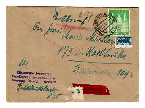 1949 Eilbote de Hambourg Ohlsdorf/FhlSbüttel vers Karlsruhe