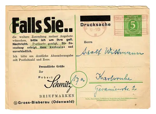 1947: Ganzsache Gross-Bieberau nach Karlsruhe, rückseitig Briefmarkenangebot
