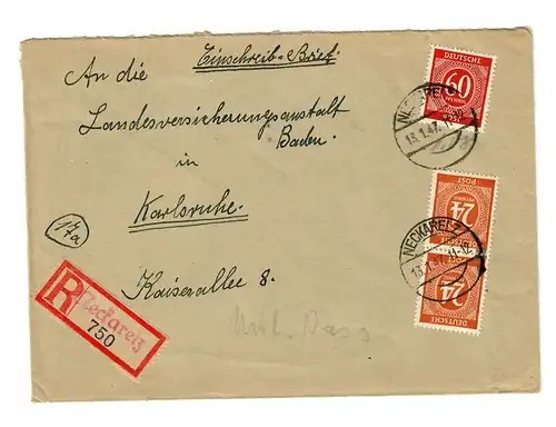 1947: Einschreiben Neckarelz nach Karlsruhe