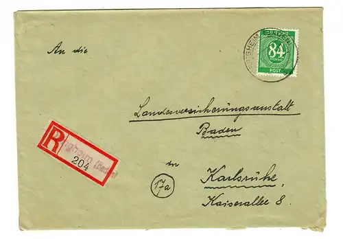 1947: Lettre recommandé Obrigheim vers Karlsruhe