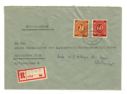 1947: Lettre recommandée de Eberbach/Heidelberg à Karlsruhe