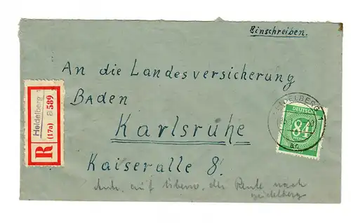 1947: Lettre recommandé de Heidelberg à Karlsruhe