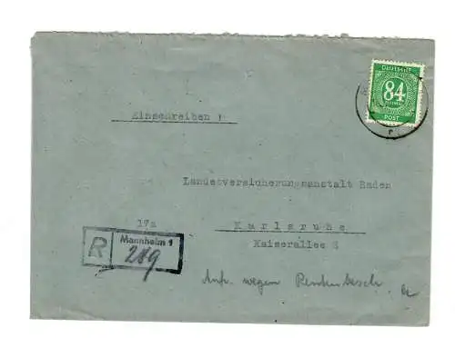 1947: Einschreiben von Mannheim nach Karlsruhe