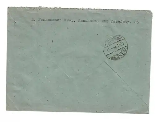1947: Lettre recommandé de Mannheim à Karlsruhe