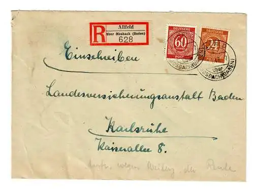 1947: Lettre recommandée d'Allfeld/Mosbach/Baden vers Karlsruhe