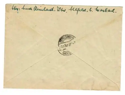 1947: Lettre recommandée d'Allfeld/Mosbach/Baden vers Karlsruhe