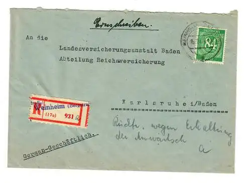 1947: Lettre recommandée de Weinheim/Bergstrasse vers Karlsruhe