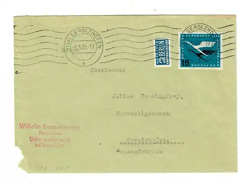 Brief mit aus Unterspiesheim/Schweinfurt nach Gerolzhofen 5.5.55