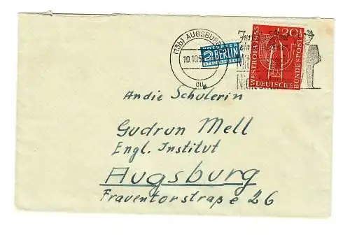 Brief 1955 von Augsburg Stotzard-P. Aindling nach Augsburg