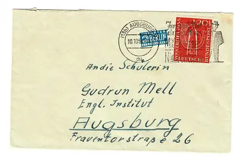 Lettre 1955 d'Augsbourg Stotzard-P. Aindling à Augssburg